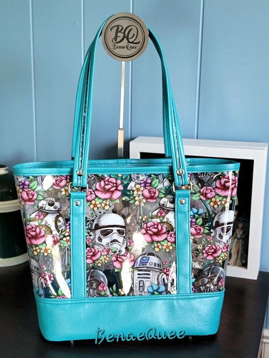 Teal Clear Vinyl Floral Wars Tote Bag