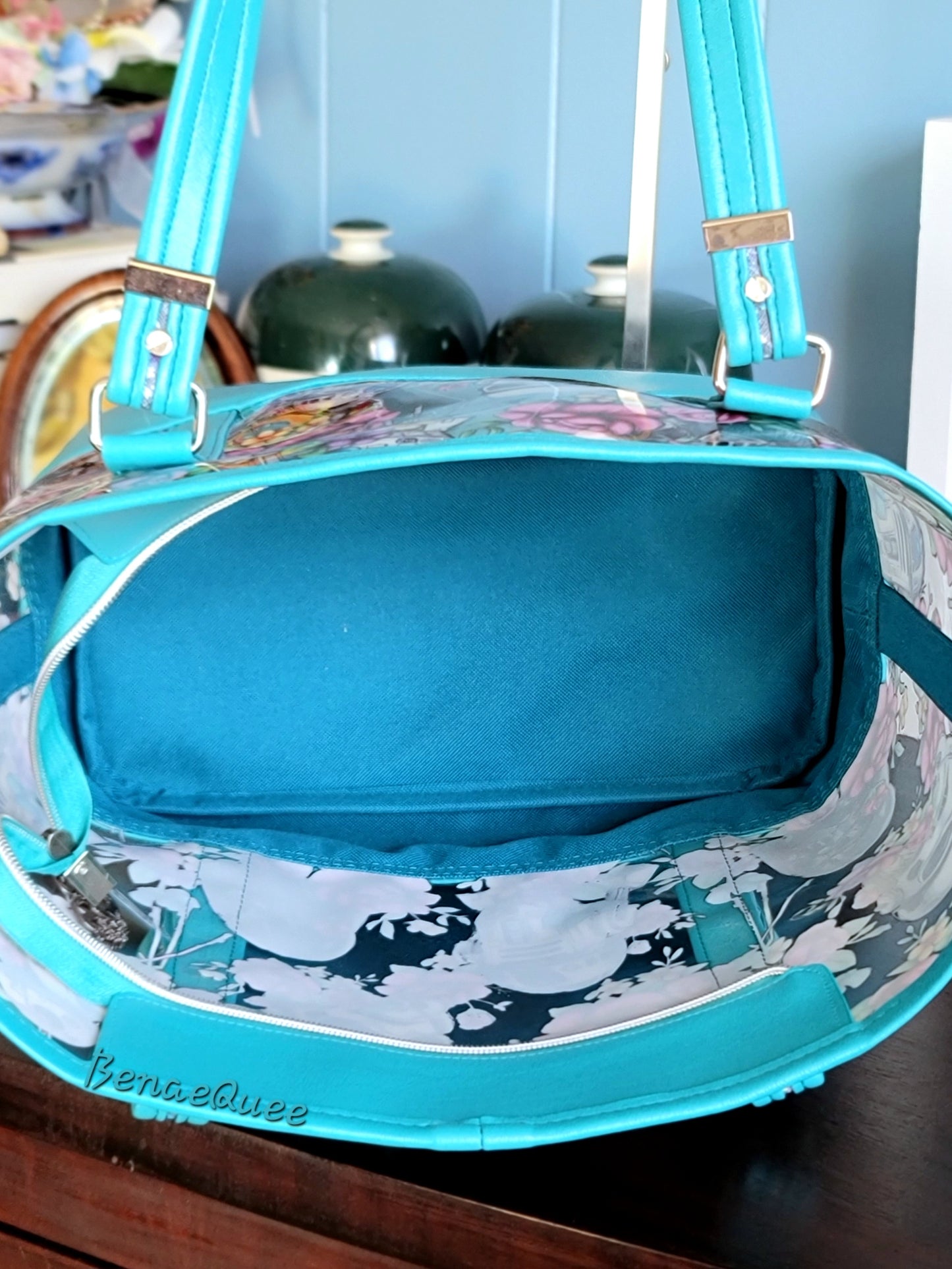 Teal Clear Vinyl Floral Wars Tote Bag