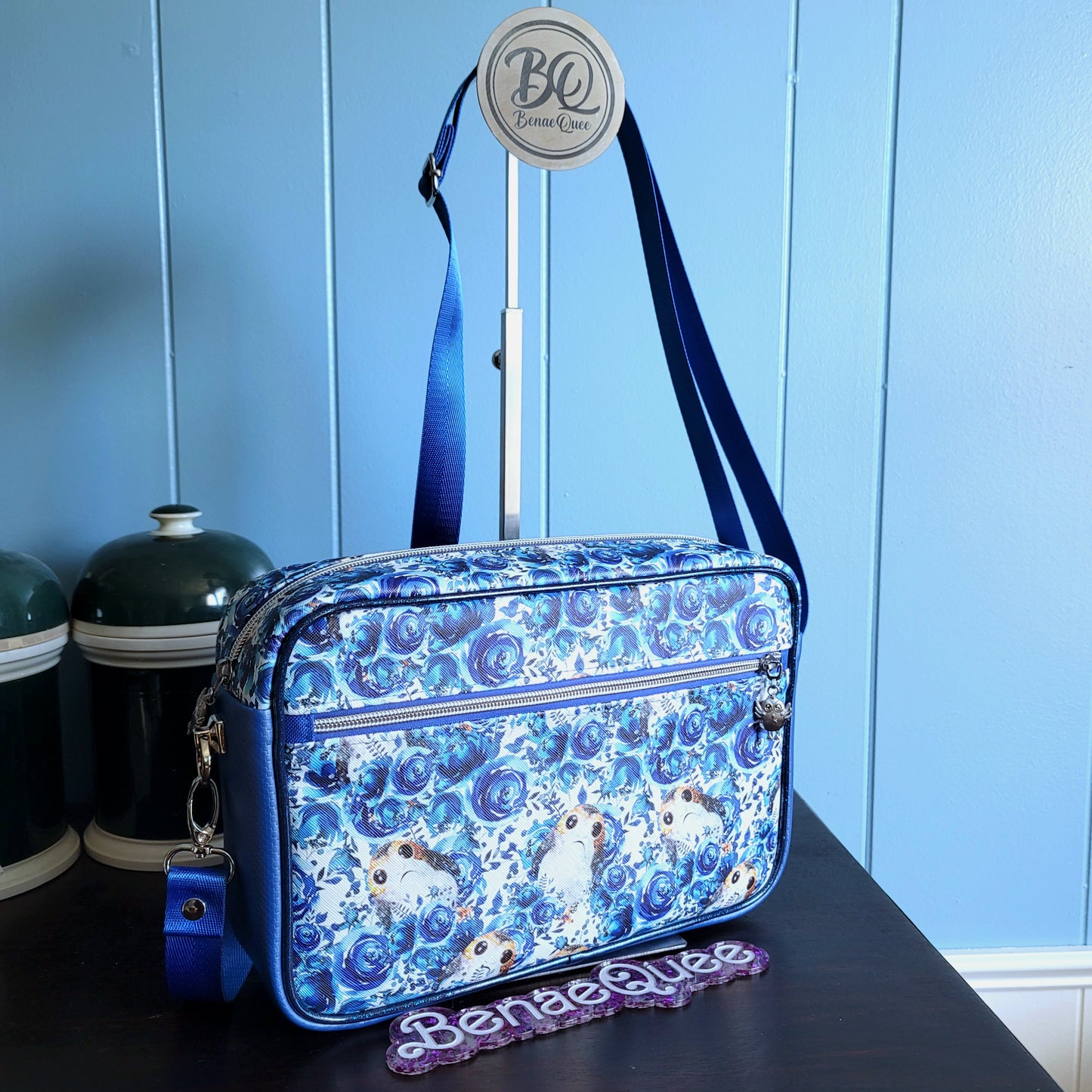 Blue Floral Space Puffins Crossbody Bag