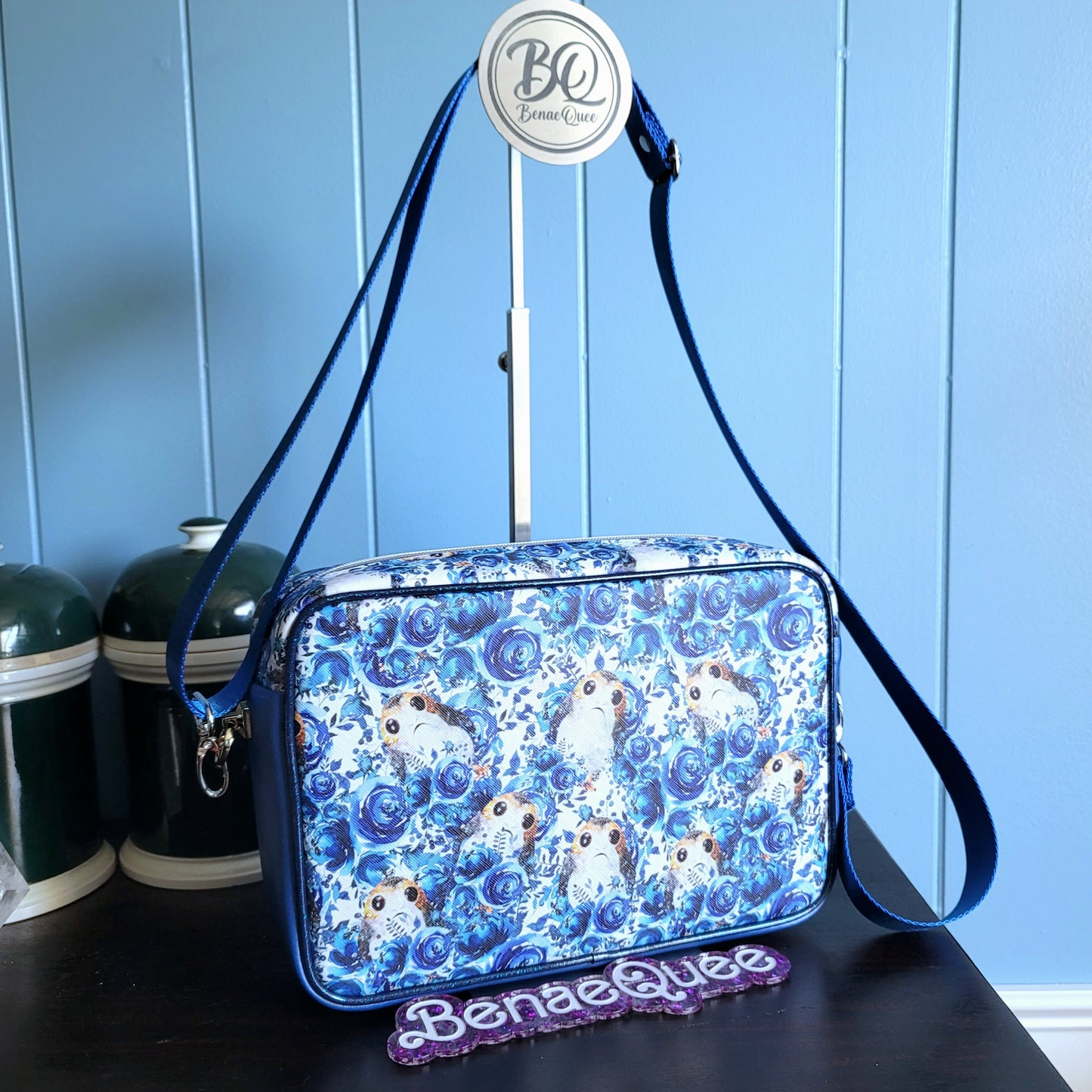 Blue Floral Space Puffins Crossbody Bag