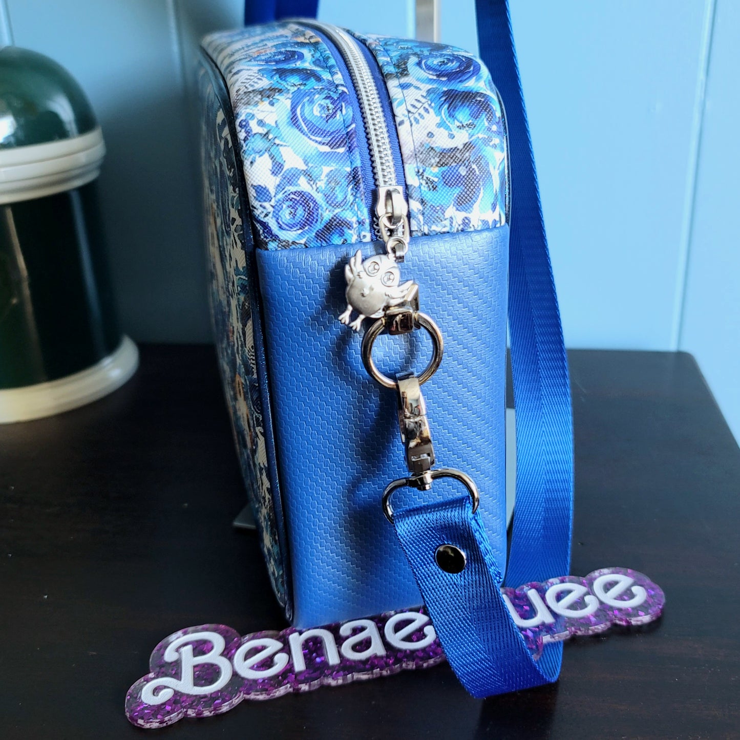 Blue Floral Space Puffins Crossbody Bag