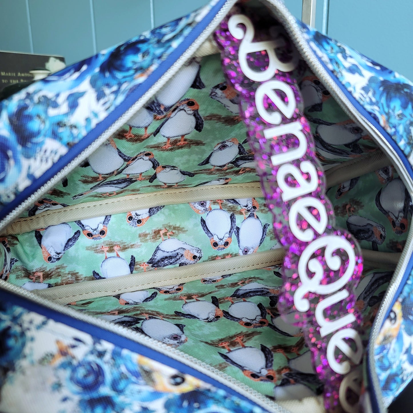 Blue Floral Space Puffins Crossbody Bag