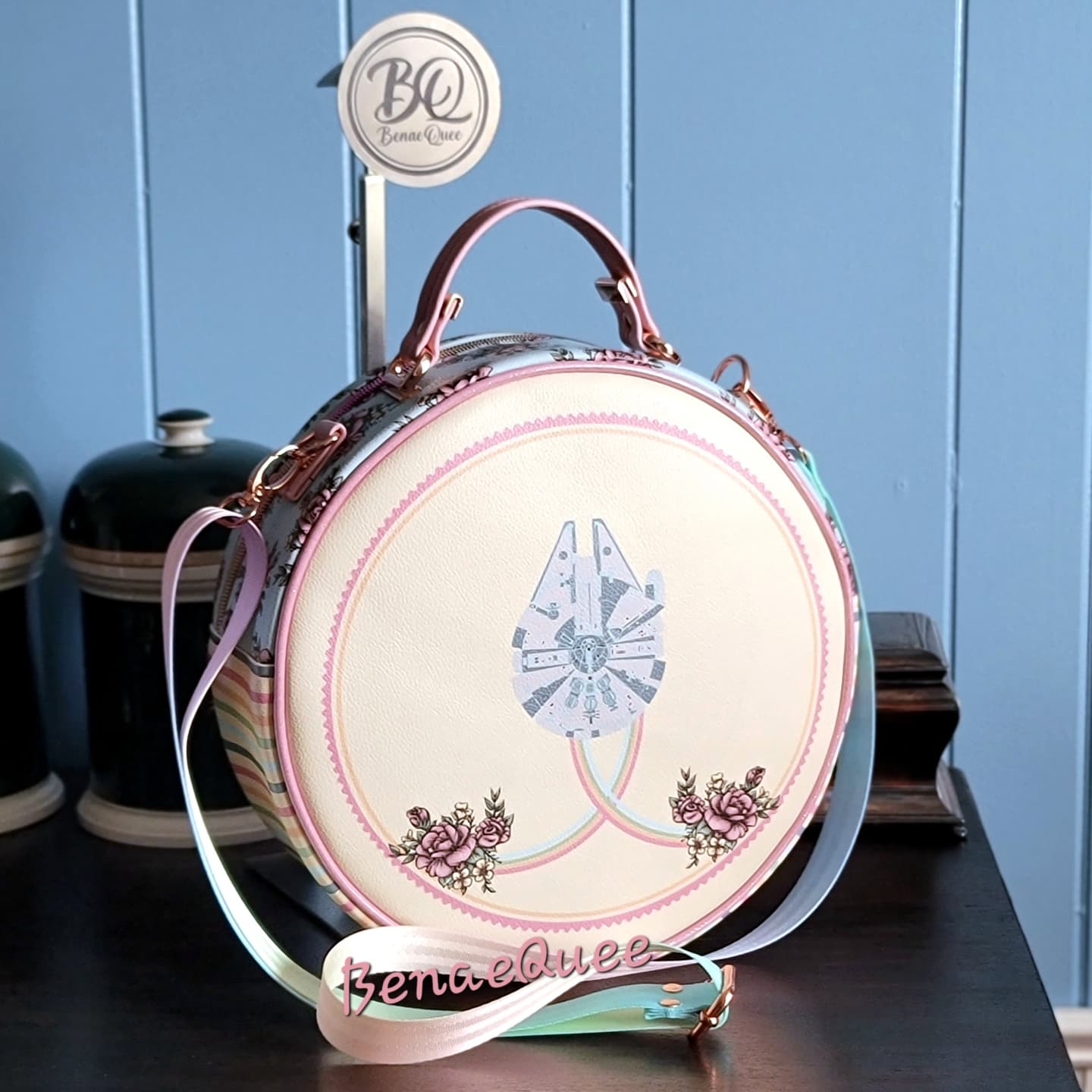 Pastel Floral Rebel Ship Reversible Round Crossbody Bag