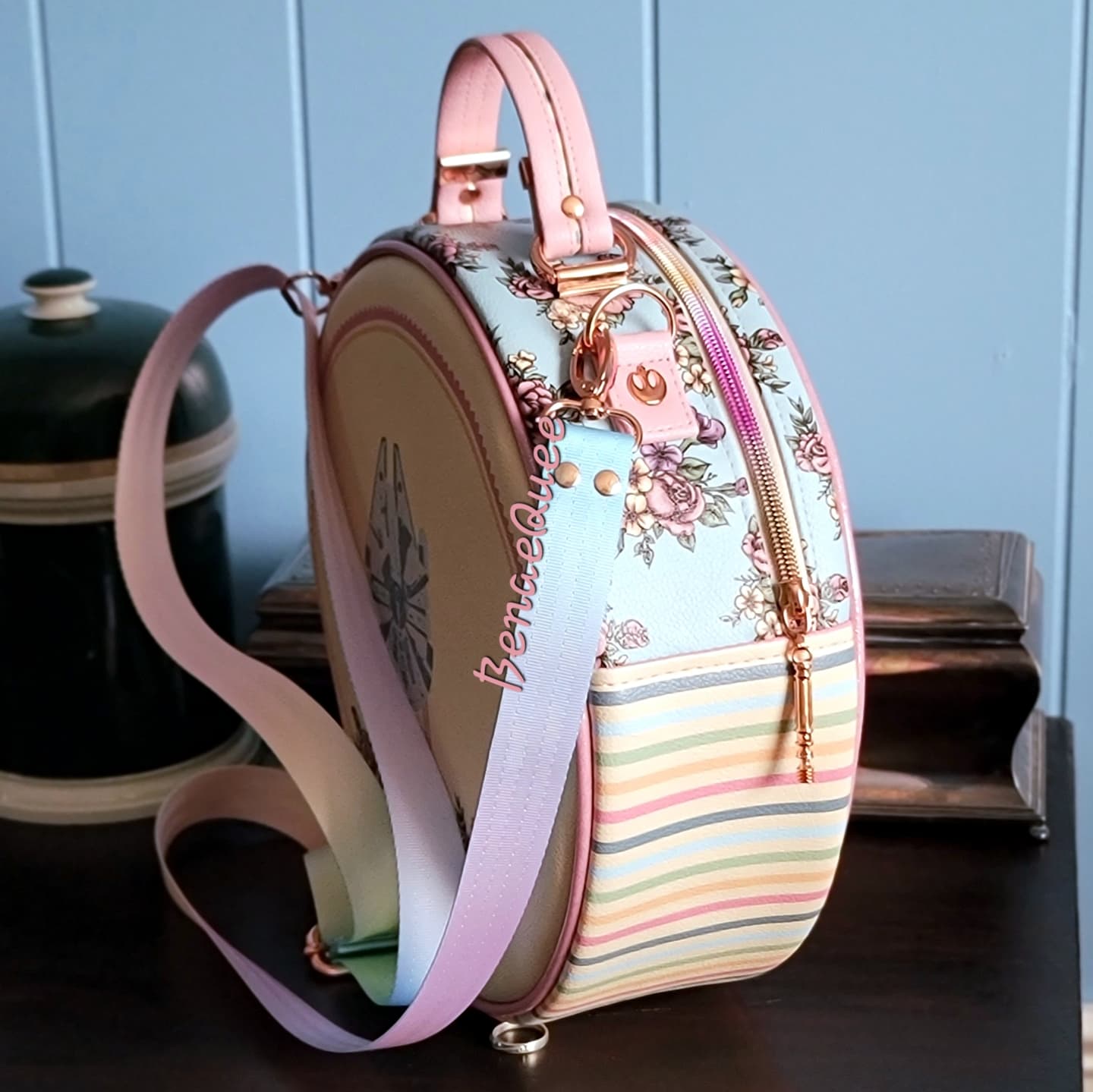Pastel Floral Rebel Ship Reversible Round Crossbody Bag