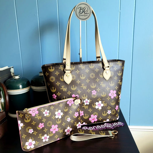 Cherry Blossom Wars Brown LV Style Benaefull Tote Bag Set